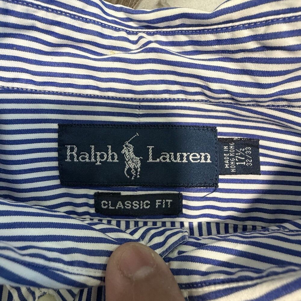 Polo Ralph Lauren Shirt Mens 17.5 32/33 Classic Fit Blue White Stripe Red Pony - Picture 5 of 9